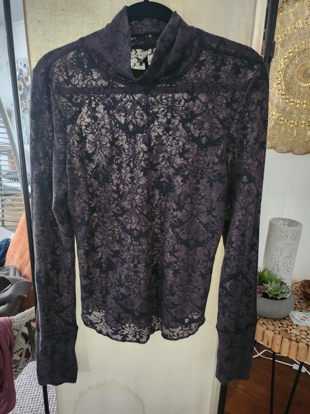Free People Plum Lace Sheer Turtleneck